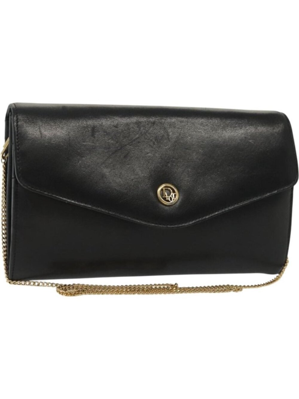 Christian Dior Chain Shoulder Bag Leather Black Gold